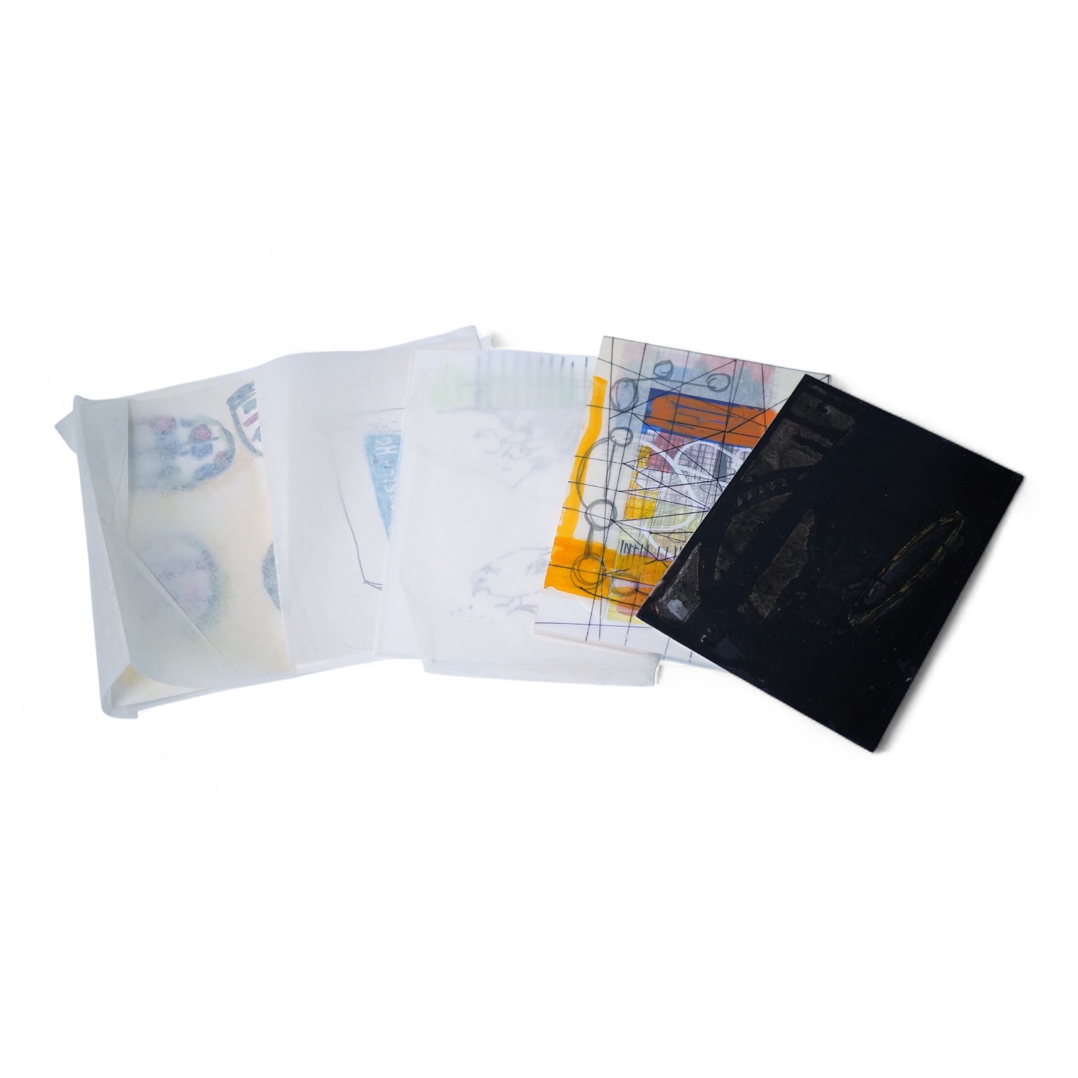Five various Contemporary works on postcards to include: Alison Wilding, Abstract composition, Andrew Bick and Hugh Allan, unframed